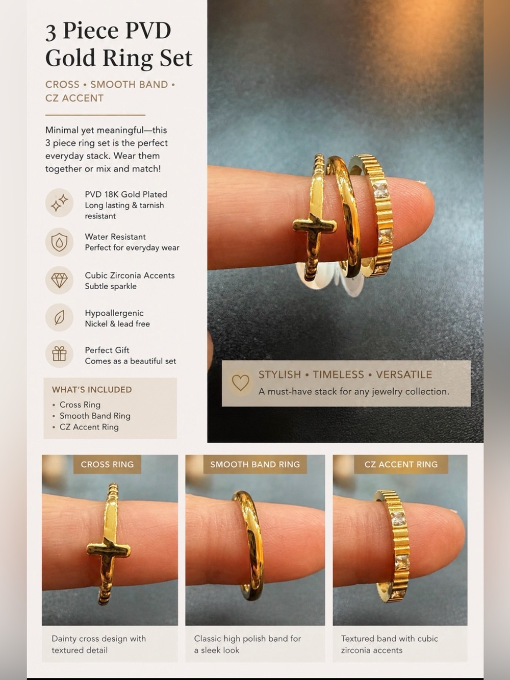 Gold Stackable Cross and Textured Band Ring Set - Women Jewelry
